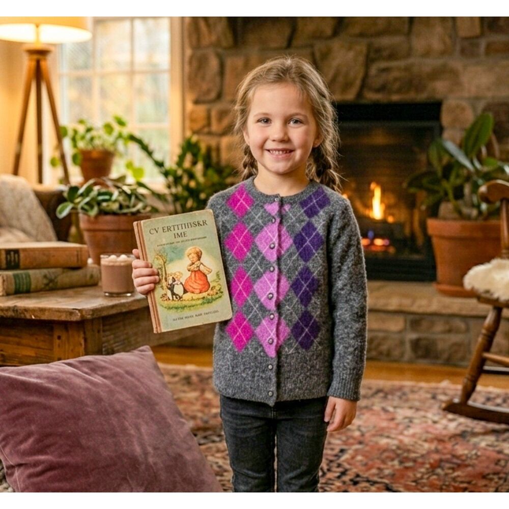 APT 9 Girls Argyle Cardigan Sweater Gray Pink Purple 100% Cashmere Size XL